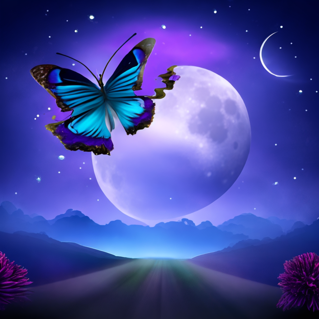 A purple and cyan butterfly flying in the night sky  full of stars with the full moon