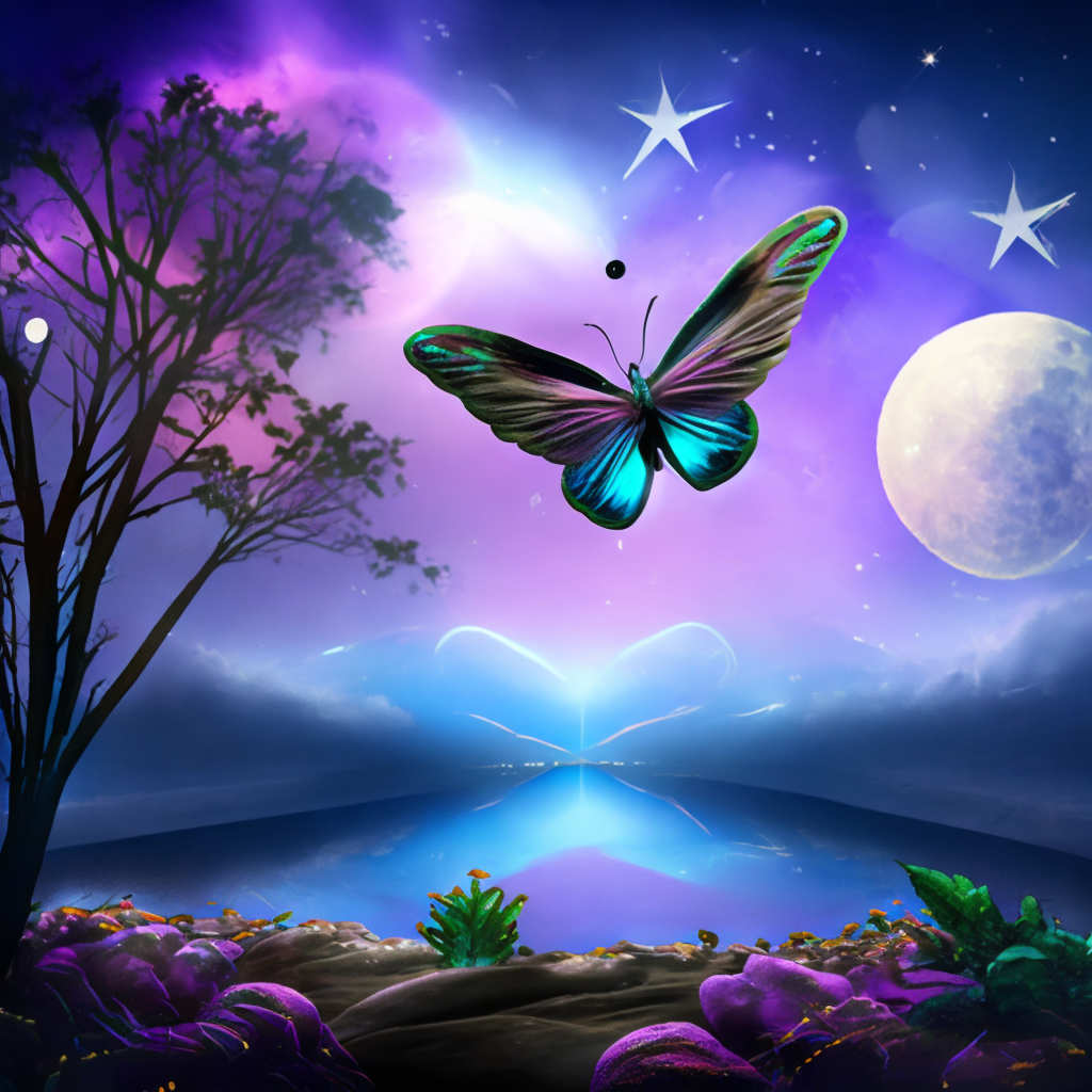 A purple and cyan butterfly flying in the night sky  full of stars with the full moon over a river