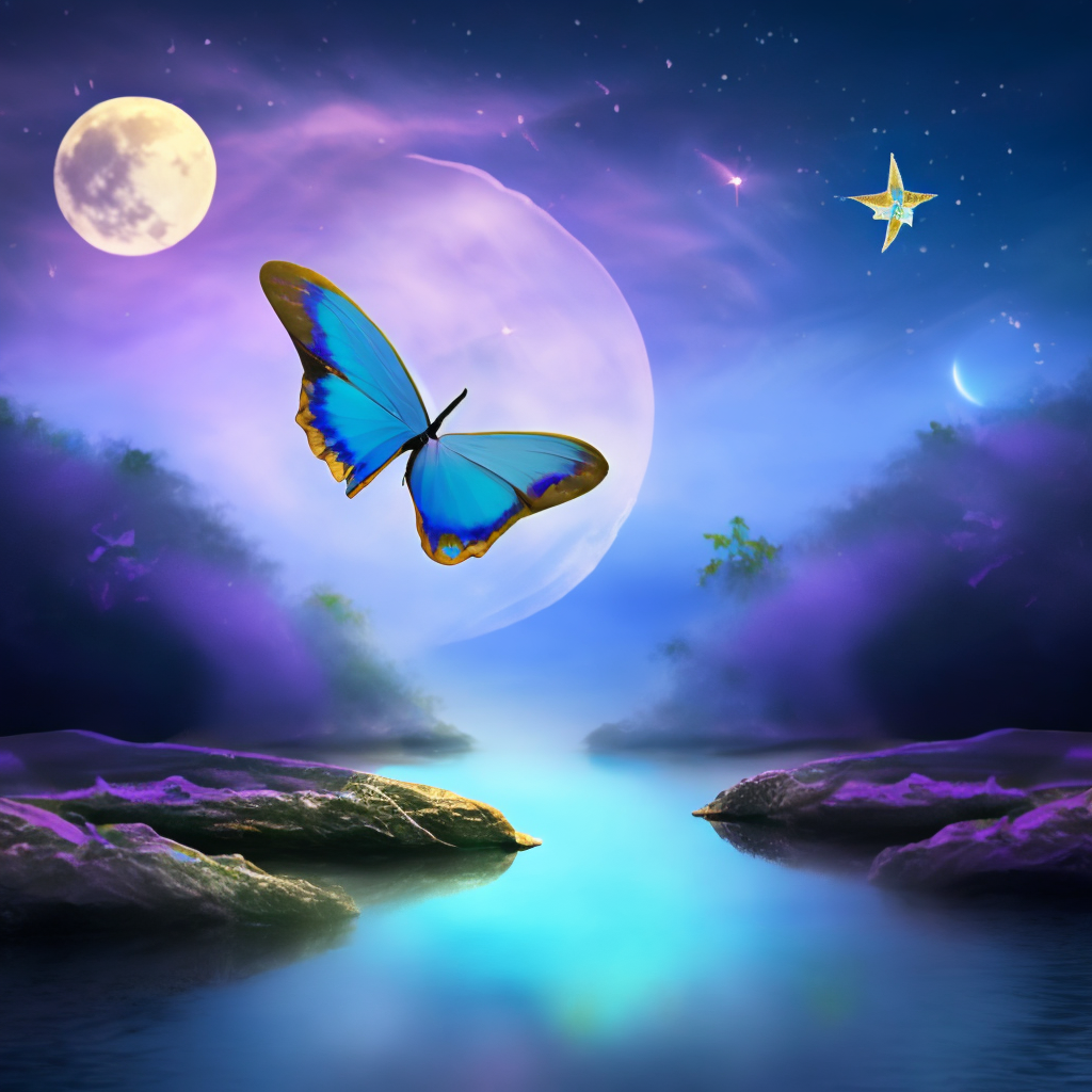A Purple and Cyan Butterfly with golden lines flying in the Night Sky with Full Moon Over a River with Stars Filtering the Light. Blue butterfly filters the light while main light illuminates the background”