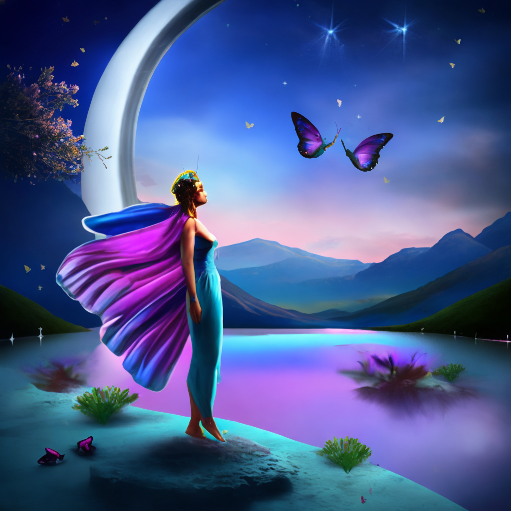Greek Goddess psyche with cyan and pink butterfly wings flying in the night sky full of stars and shiny pink, cyan and purple butterflies next to the full moon and a dark river underneath.