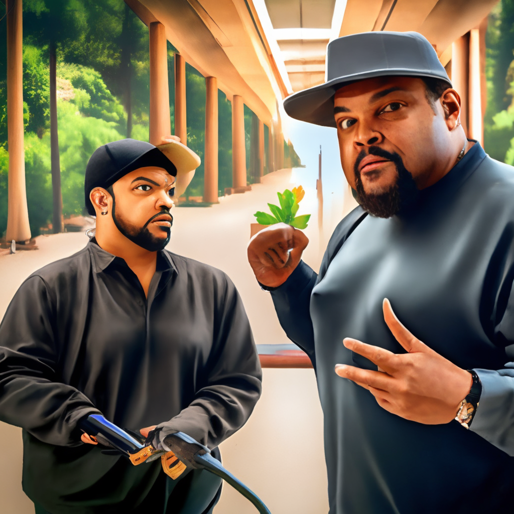ice cube wearing jerry curls and talking to a bear