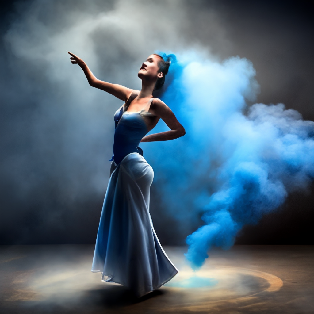 a dancing girl blowing blue smoke
