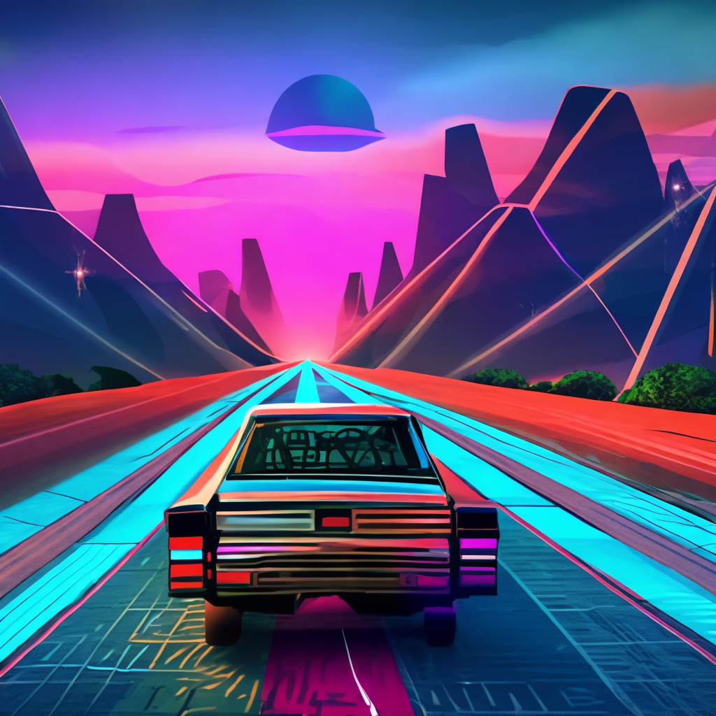 70s car driving down a digital landscape, retrowave, synthwave, 8k