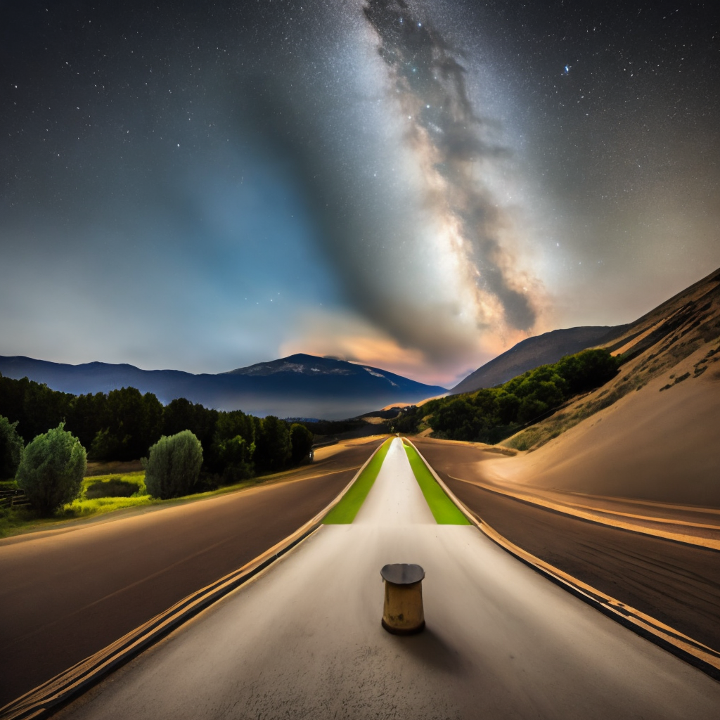 Milky way over "Moncayo" mountain with road in the middle of the picture