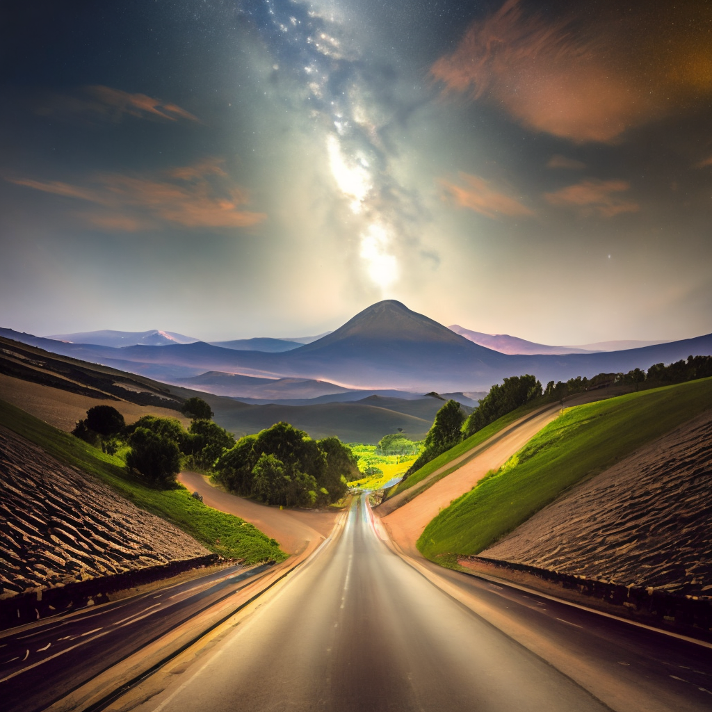 Milky way over "Moncayo" mountain with road in the middle of the picture