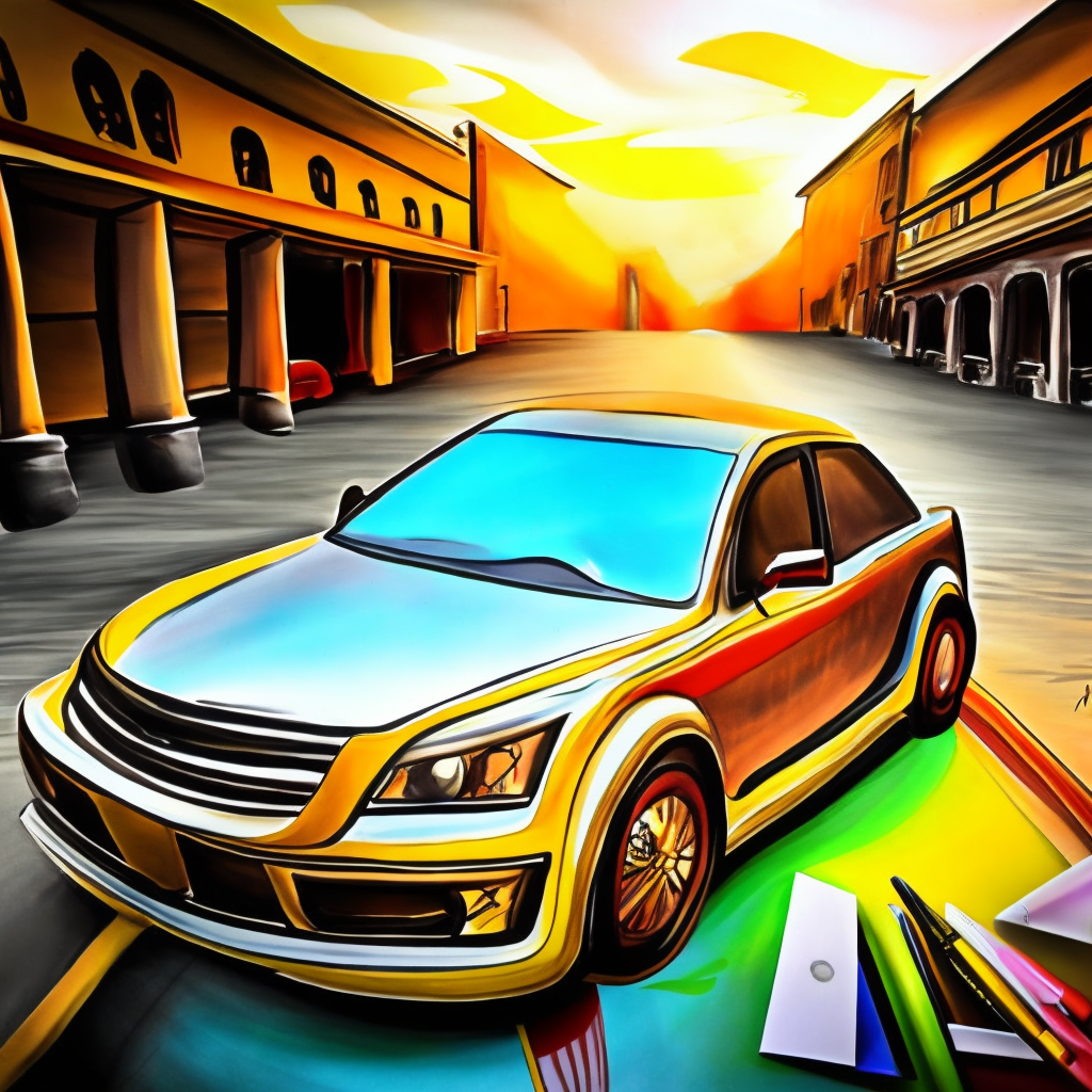 car sketch on paper -> painting to real car on road with color in the car. painting to real car on road with colur in the car”