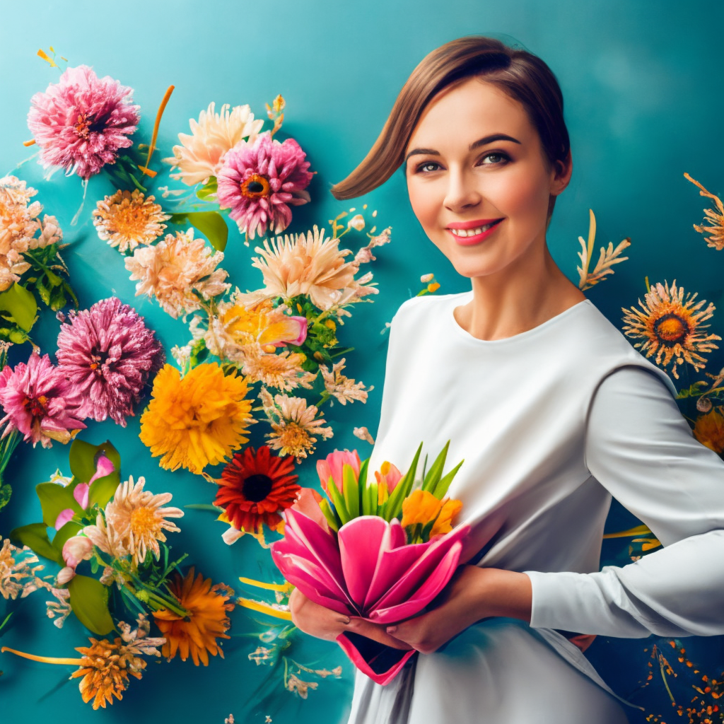 Happy and joyful very beautiful woman with flowers for March 8 Women's Day