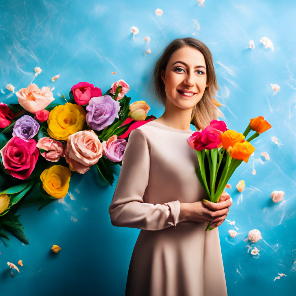 Happy and joyful very beautiful woman with flowers for March 8 Women's Day