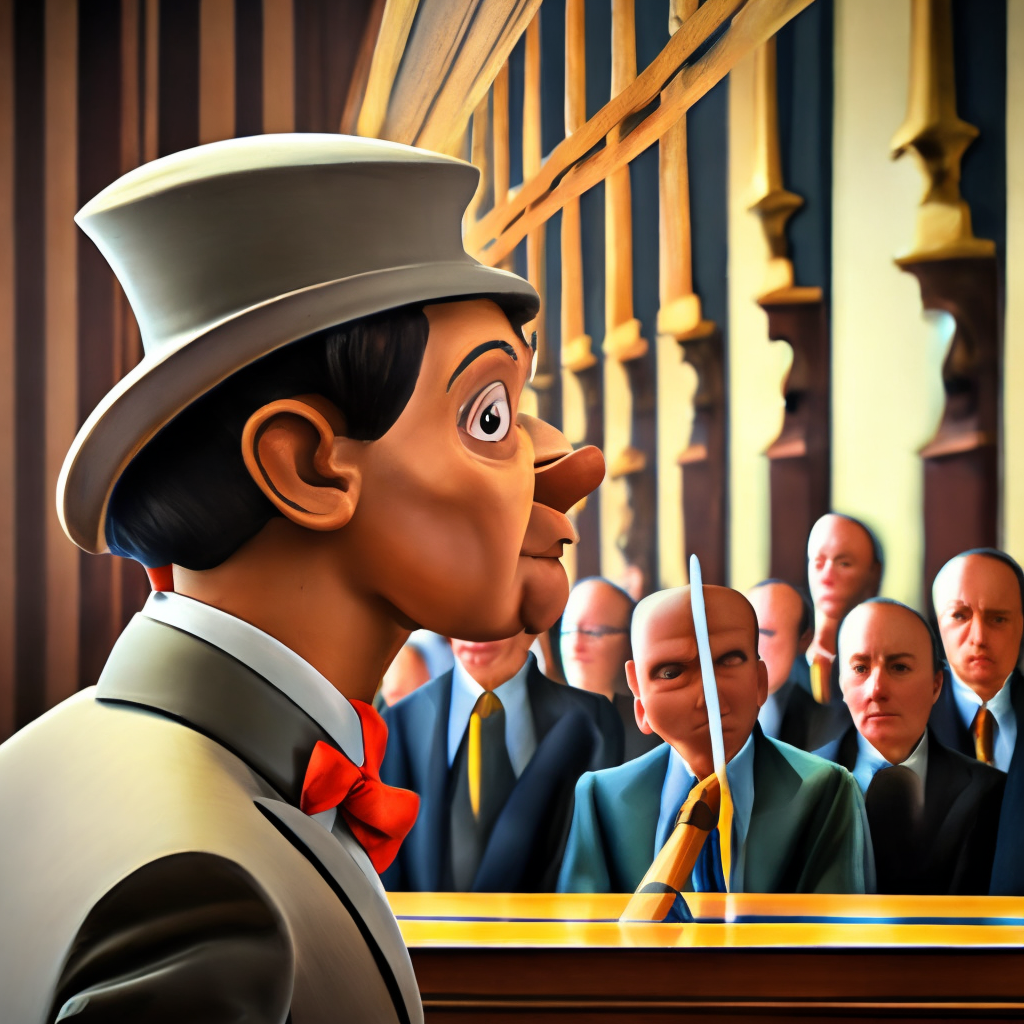 pinocchio in court with long nose