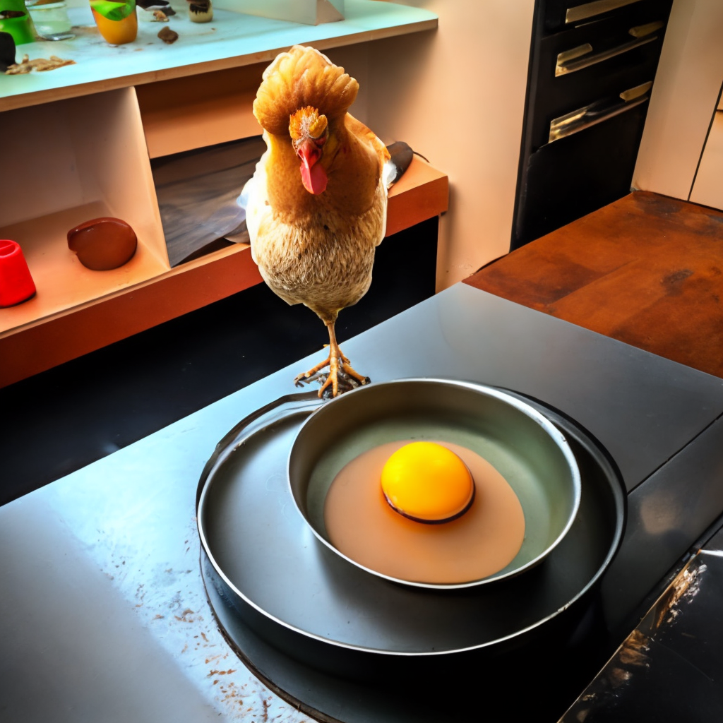 “a chicken sitting on top of a pan on top of a melted egg. Add 2 melt eggs”