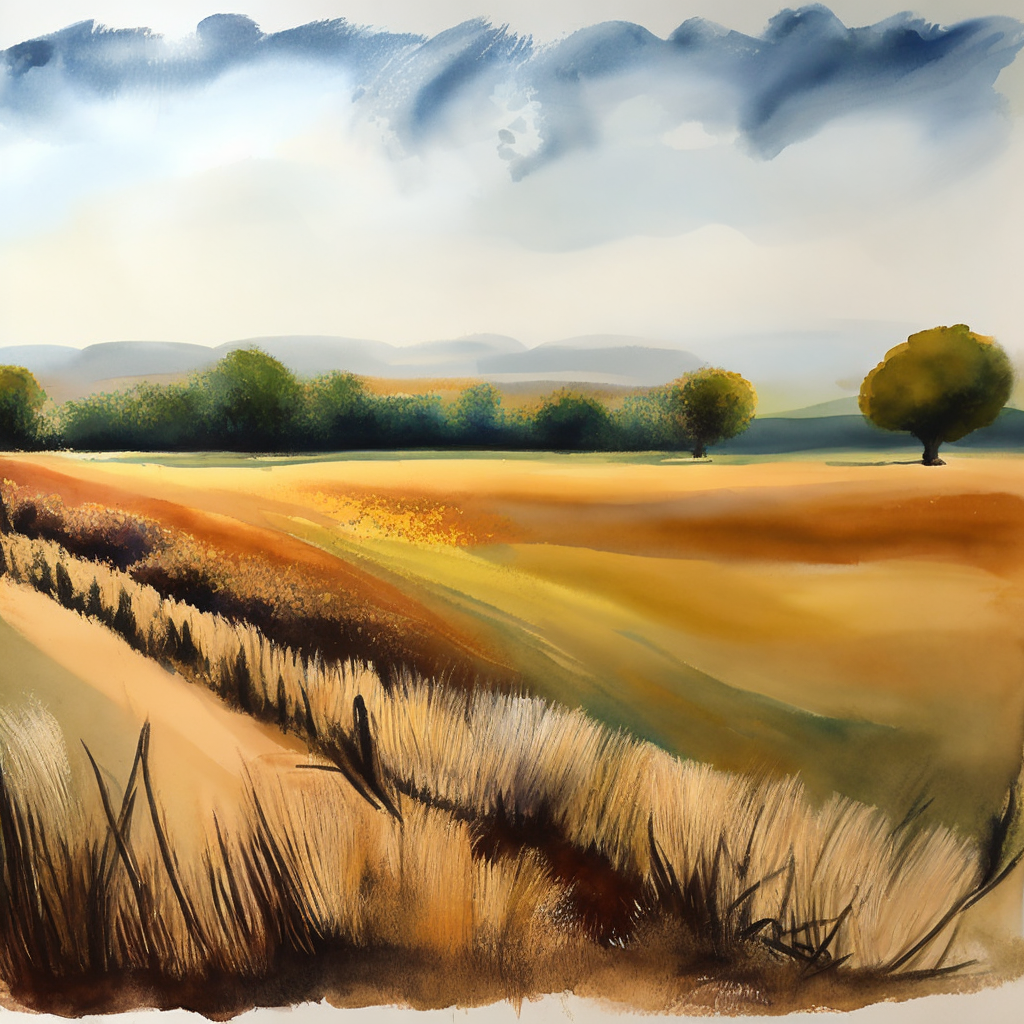 A painting of a field in autumn.