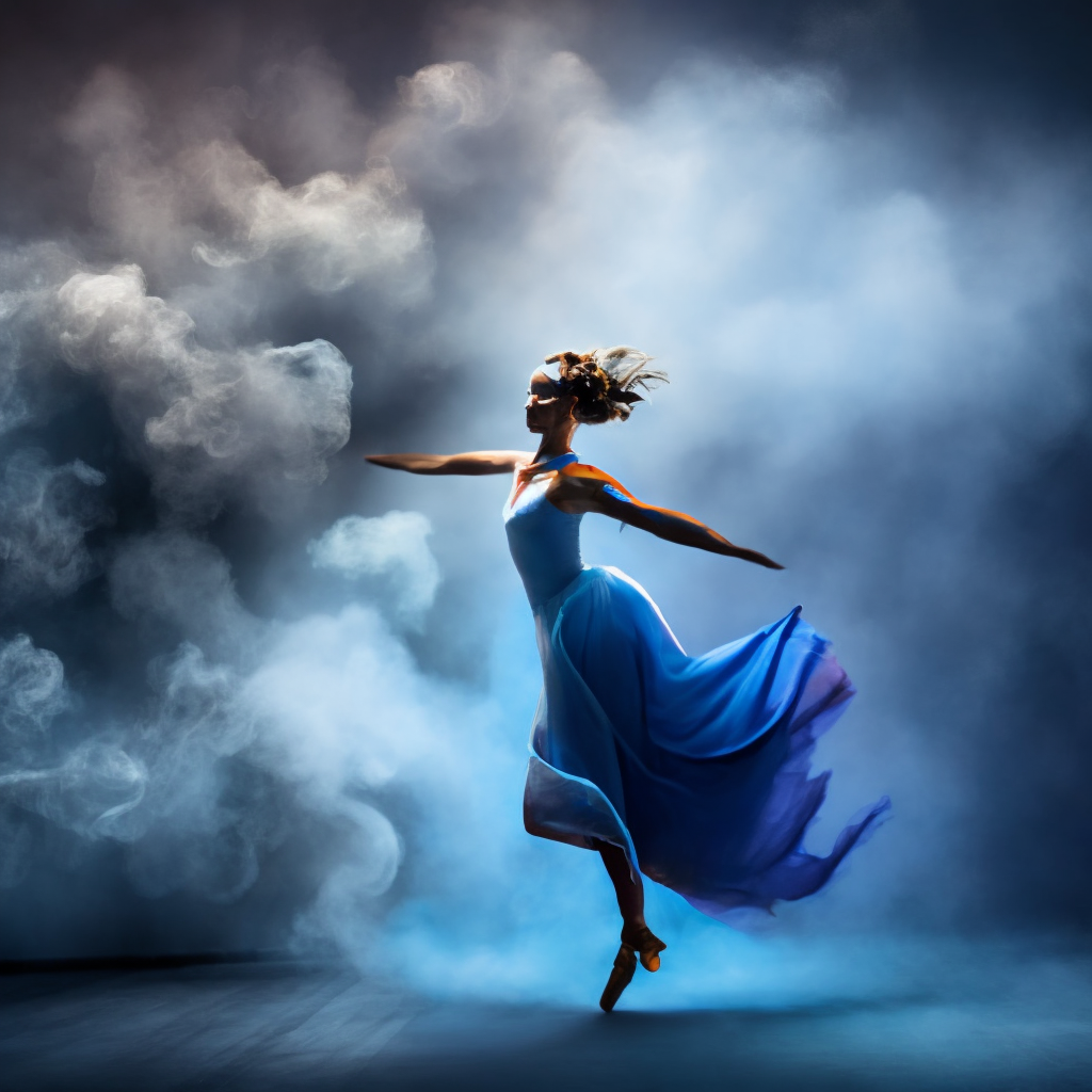 A dancing ballerina in whirling blue smoke 