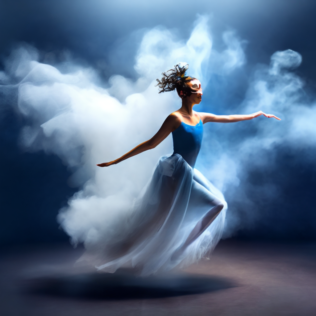 A dancing ballerina in whirling blue smoke A still dancing ballerina in golden smoke.