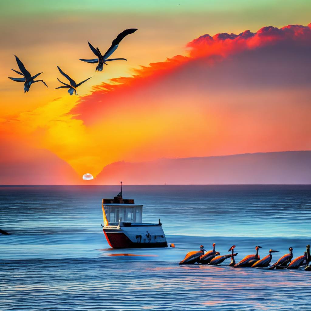 a vibrant sunset on the ocean shore, where whales are jumping out of the water surrounded by pelicans and sea lions, and in the distance, a sailboat can be seen on the horizon