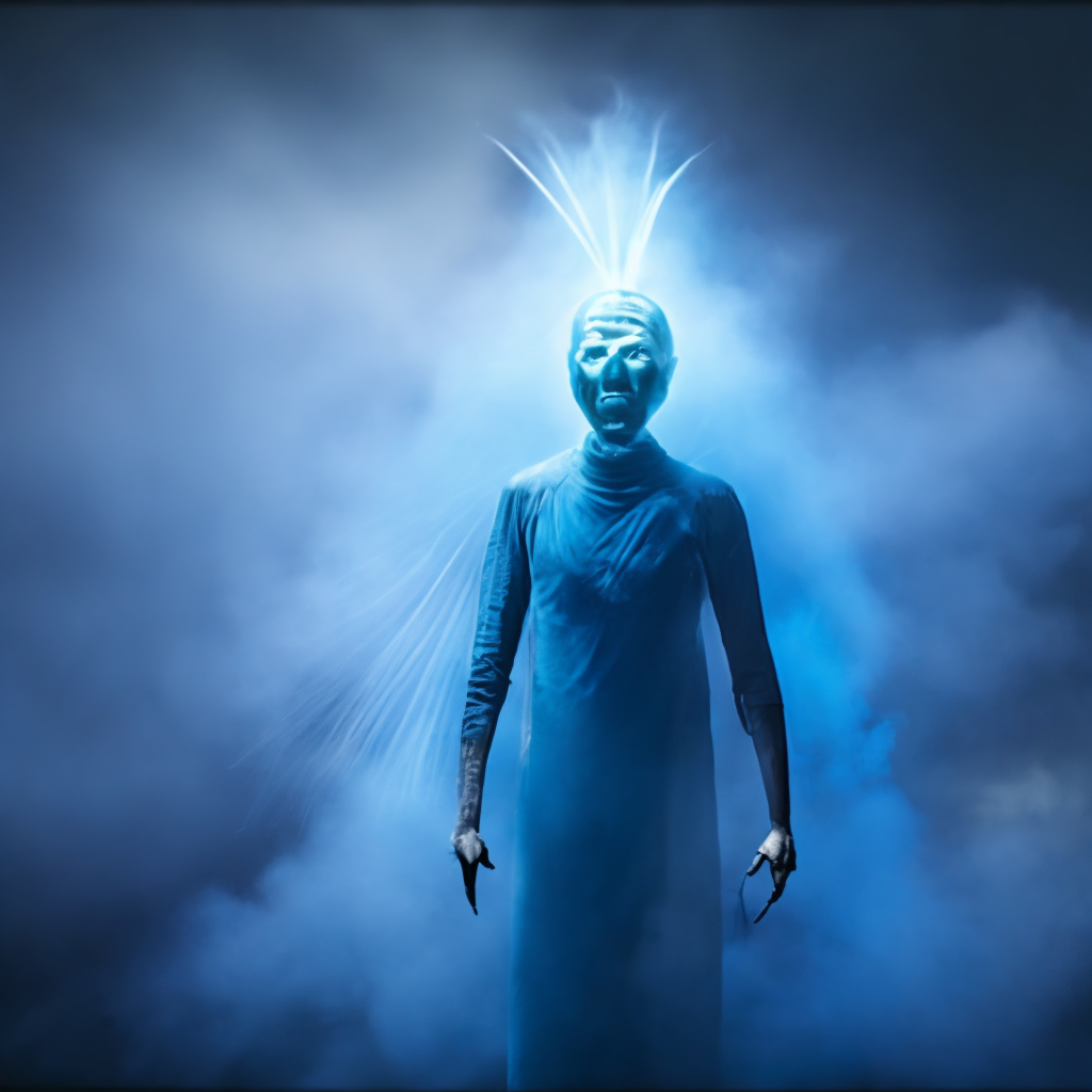 Hunan body with alien face timelapse, cinematic lighting, acting headshot, whirling blue smoke. Turn into a two-headed creature with human body on one head and alien head on the other