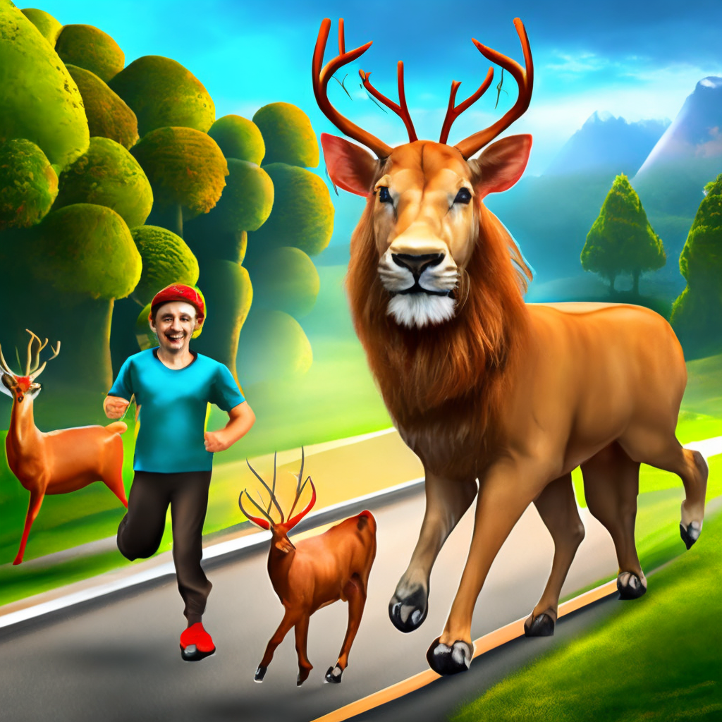 Lion run behind deer in a fanstasy word 