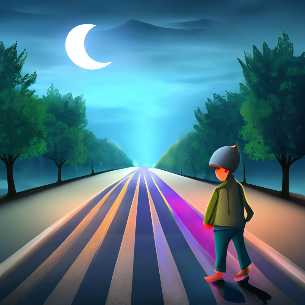 Moonlight night travel anlone boy  on the road in rainy night with moon fall animation