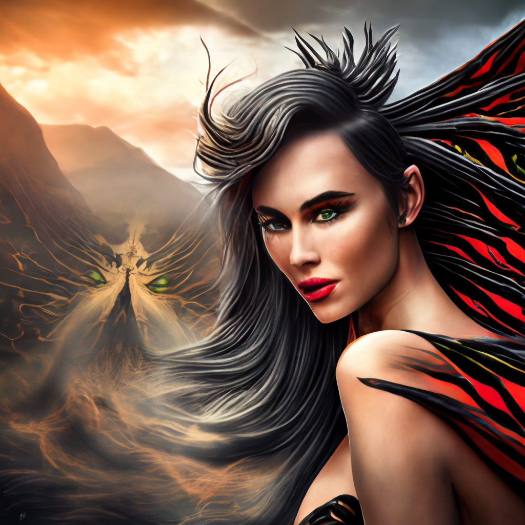 very complex hyper-maximalist overdetailed cinematic tribal darkfantasy closeup portrait of a malignant beautiful young dragon queen goddess megan fox with long black windblown hair and dragon scale wings, Magic the gathering, pale skin and dark eyes,flirting smiling succubus confident seductive, gothic, windblown hair, vibrant high contrast, by andrei riabovitchev, tomasz alen kopera,moleksandra shchaslyva, peter mohrbacher, Omnious intricate, octane, moebius, arney freytag, Fashion photo shoot, glamorous pose, trending on ArtStation, dramatic lighting, ice, fire and smoke, orthodox symbolism Diesel punk, mist, ambient occlusion, volumetric lighting, Lord of the rings, BioShock, glamorous, emotional, tattoos,shot in the photo studio, professional studio lighting, backlit, rim lightingDeviant-art, hyper detailed illustration, 8k