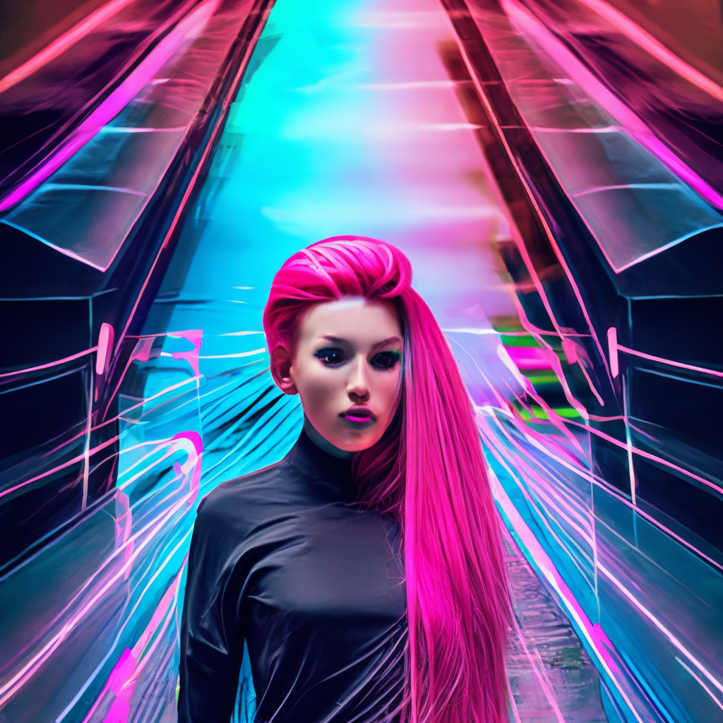pretty Instagram model girl long pink hair, pink glitch glitched code techno cyber neon matrix style 
