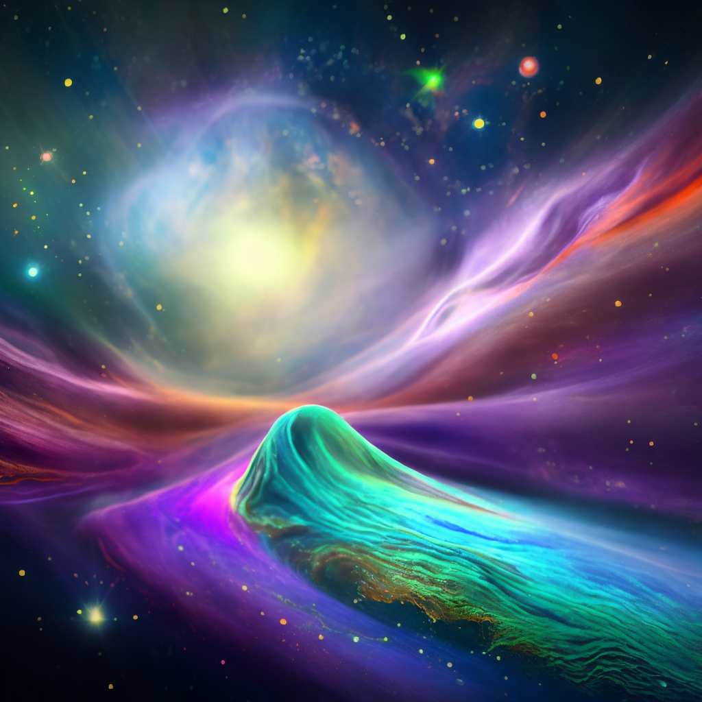 Abstract hyper-realistic image of a voluminous galaxy, shimmering colors, blue, purple, orange, green, ultra detailed, octane rengeo, space