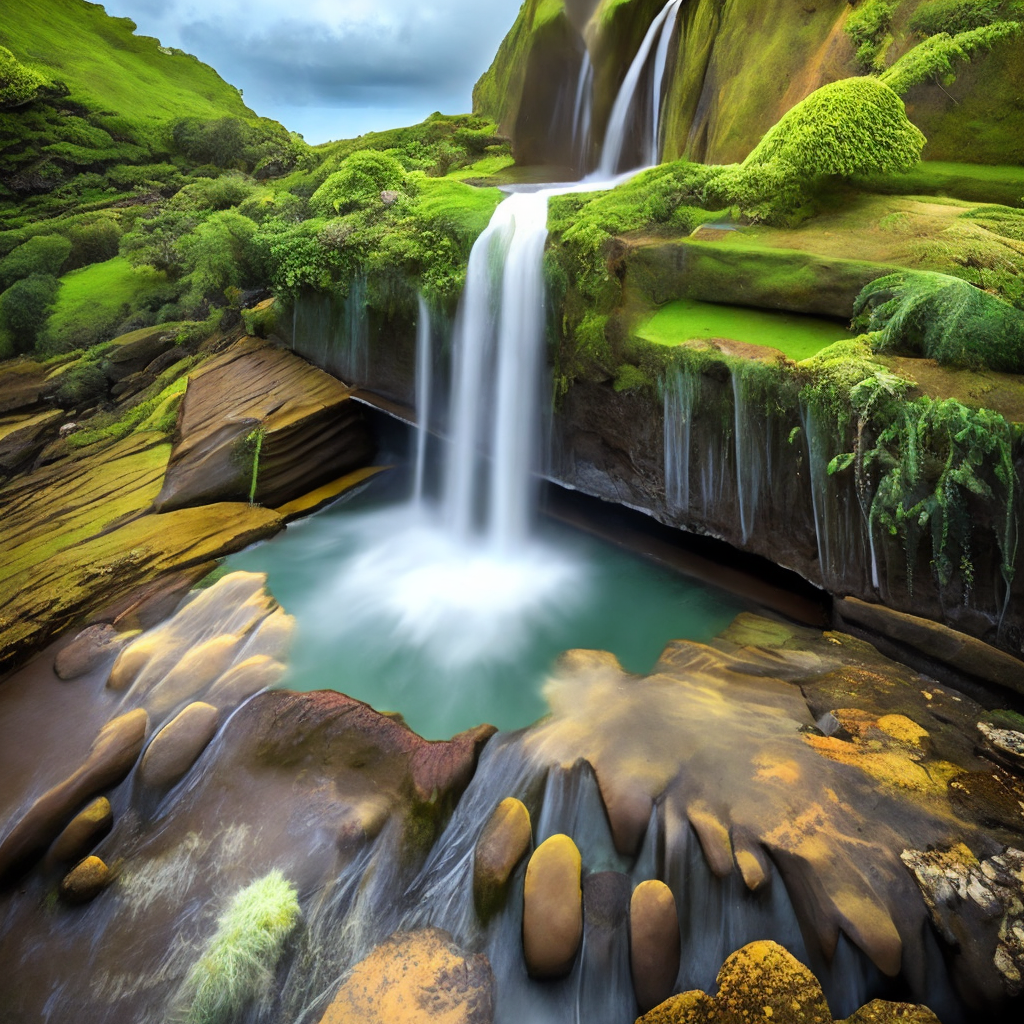 
A white, frothy cascade of water falling into a plunge pool, rocky outcroppings, lichen, moss, slippery rock, lush grasses, plants and flowers, mist, spray, rainbows, ripples, droplets, trees clinging to cliffs and overhanging the pool, butterflies, birds, flies, dragonflies, animals drinking from the pool, fish in the ...