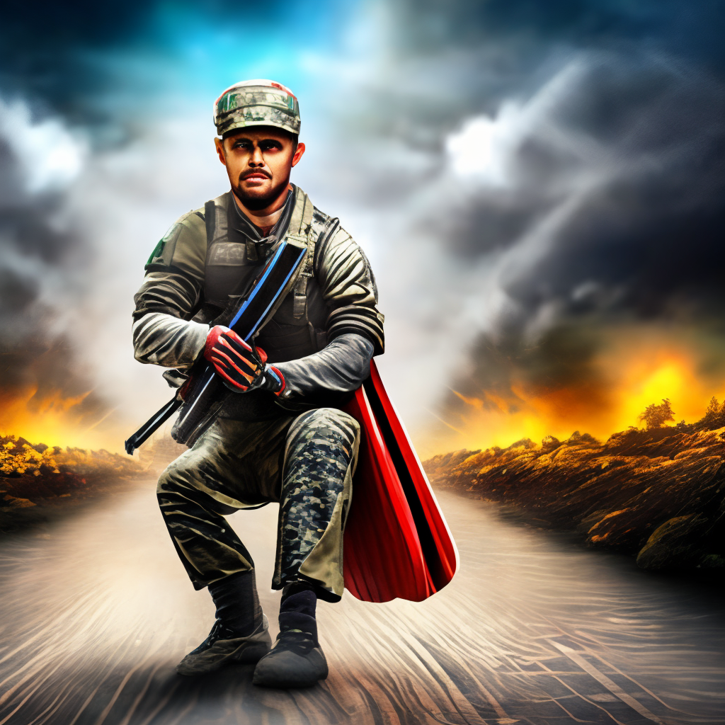 Create a relastic solider 8k quality with extreme detail battel background dark 