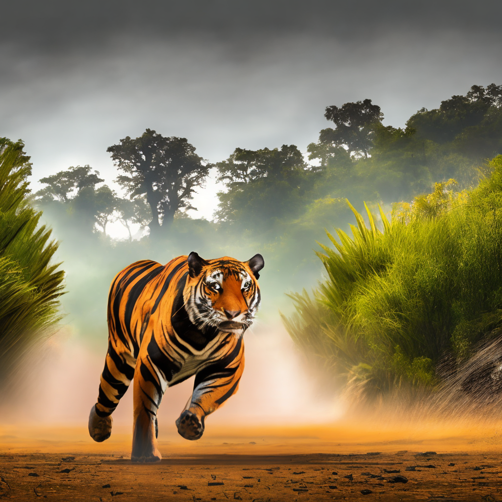 "Create an 8K Ultra HD thumbnail for our YouTube video on the thrilling hunt of the majestic Bengal Tiger - Sher ka Shikar! Use realistic imagery to depict the raw intensity of the hunt and capture the attention of our viewers. Make sure to highlight the danger and excitement of the chase, while showcasing the beauty and power of the tiger. The thumbnail should be visually stunning and true to life, immersing the viewer in the heart of the action. Let your creativity run wild!"