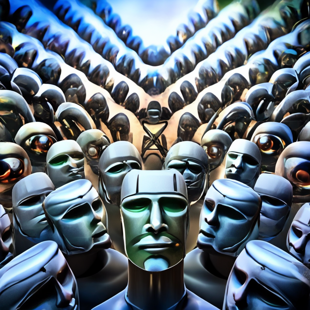 many robot heads on a background looking infinite , 3d, digital art. make it psychedelic