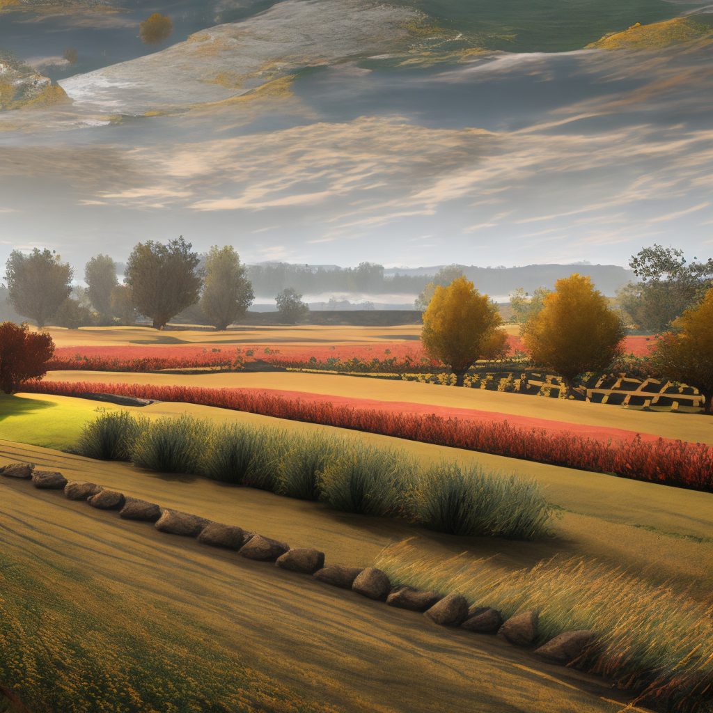 A painting of a field in autumn. 