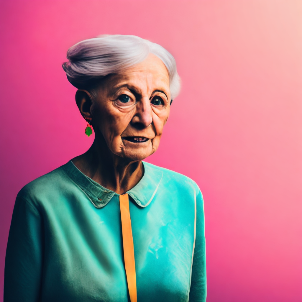 a picture of an old woman on a pink background. change the girl to an old woman