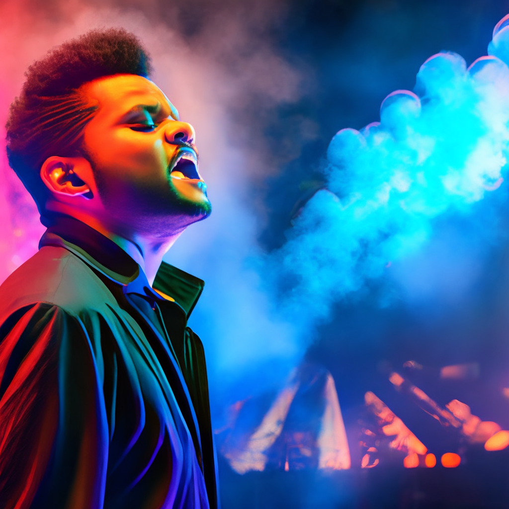 Photorealistic image of The weeknd singing
