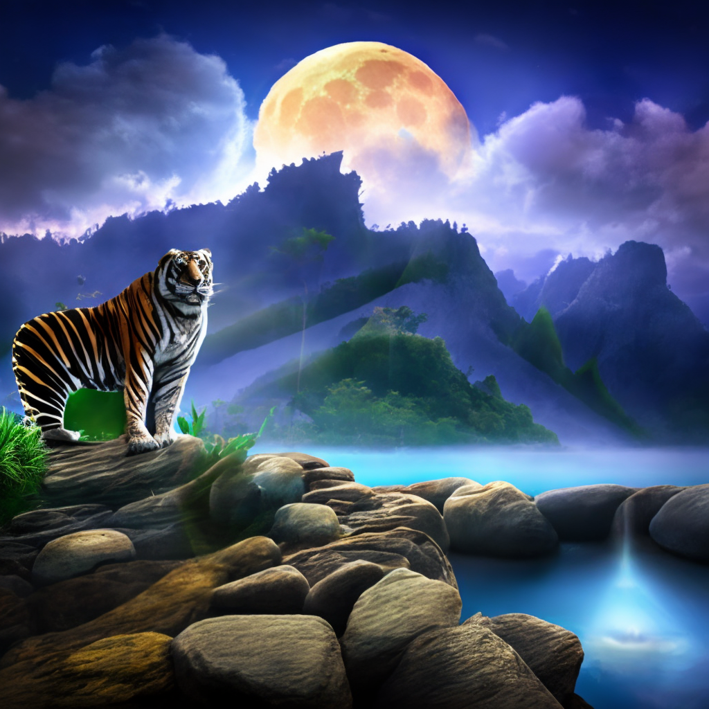 Bengal tiger with sharp teeth, standing at the top of a mountain, big full moon in a fantasy land filled with water.