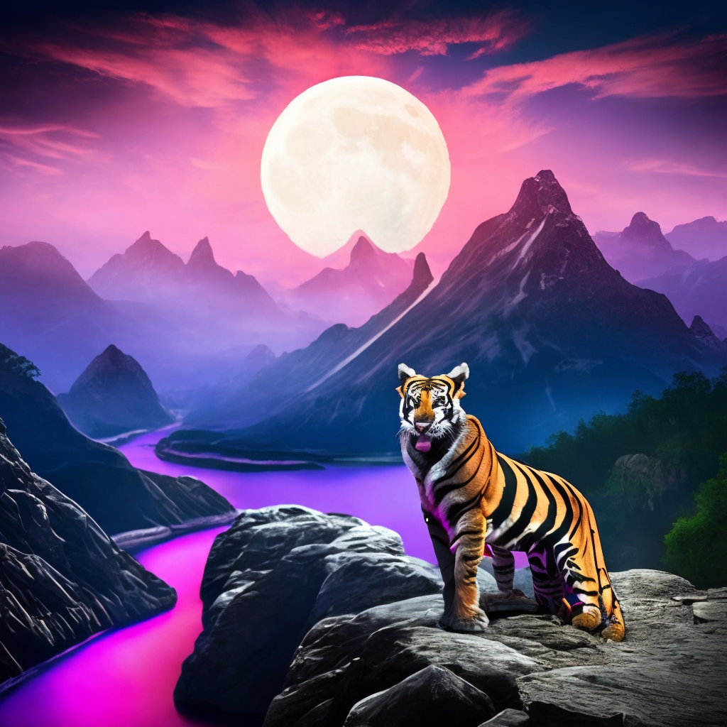 Bengal tiger with sharp teeth, standing at the top of a mountain, big full moon in a fantasy land filled with water.