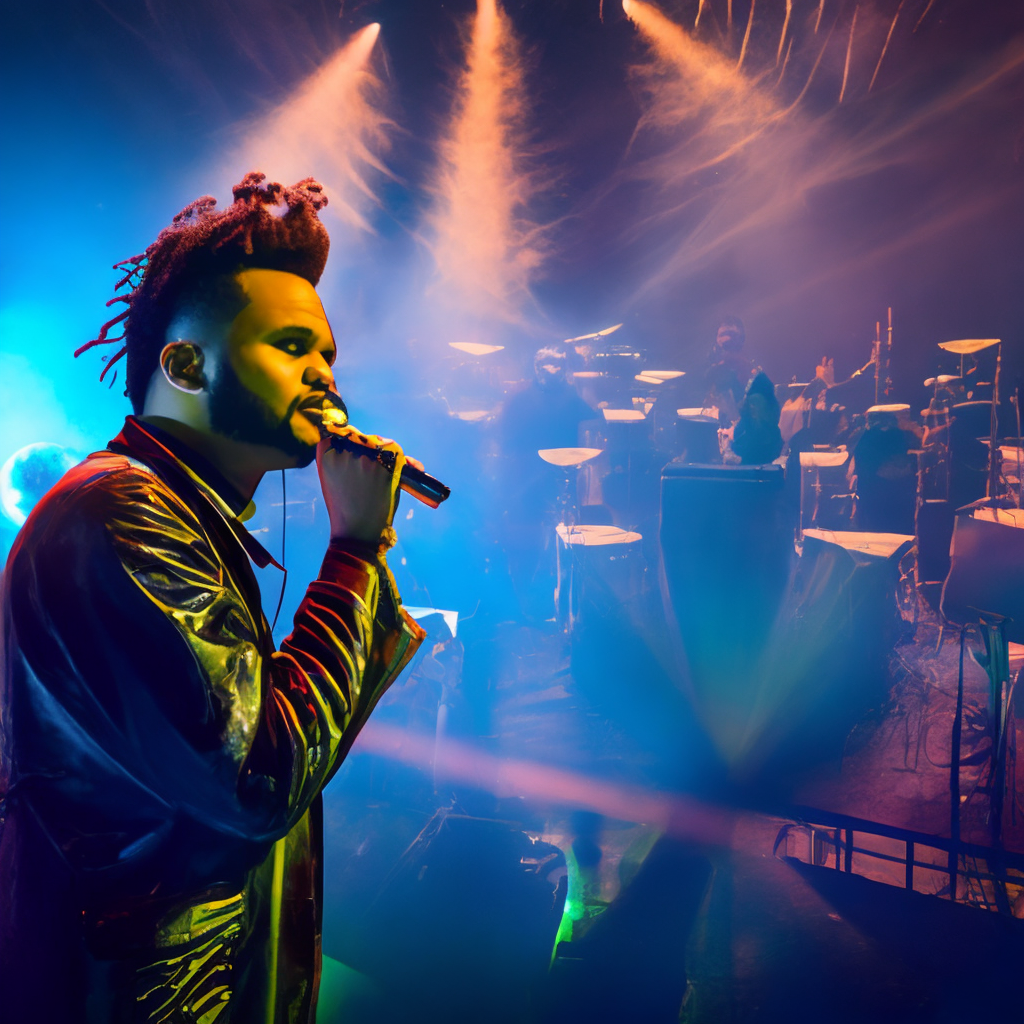 The weeknd on stage singing to his audience, full moon over a fantasy jungle