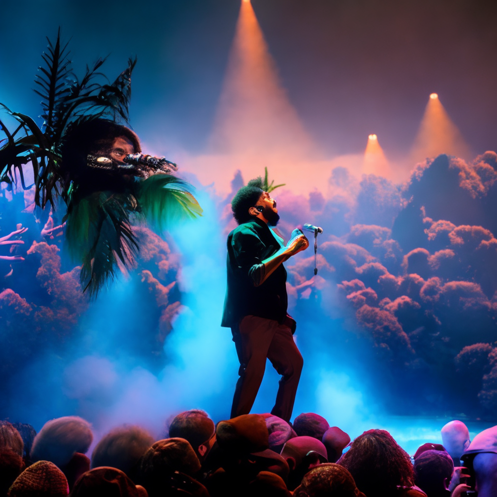 The weeknd on stage singing to his audience, full moon over a fantasy jungle