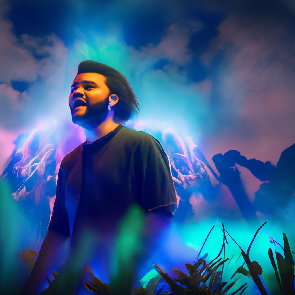 Close up image of The weeknd on stage singing to his audience, full moon over a fantasy jungle