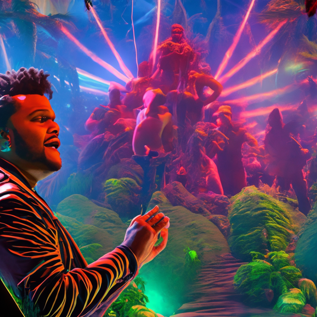 Close up image of The weeknd on stage singing to his audience, full moon over a fantasy jungle