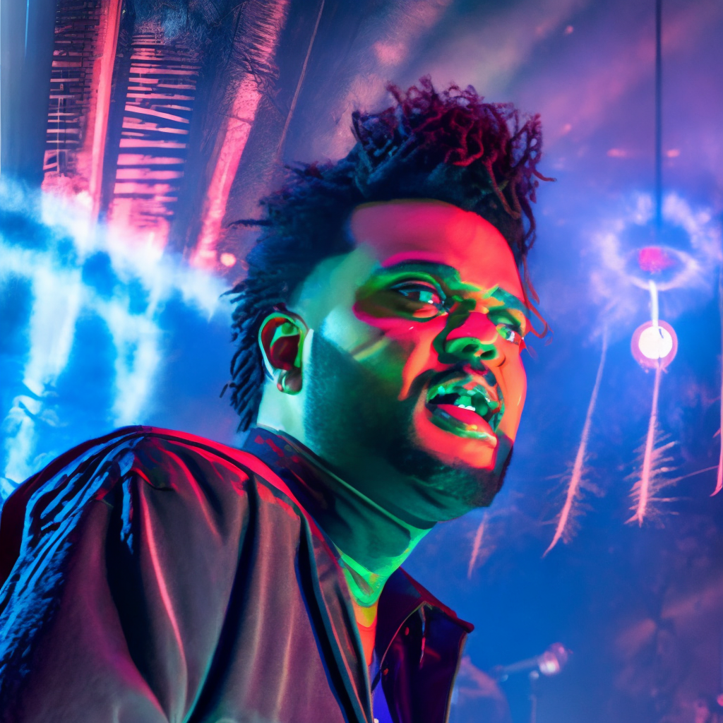 Close up image of The weeknd on stage singing to his audience, full moon over a fantasy jungle