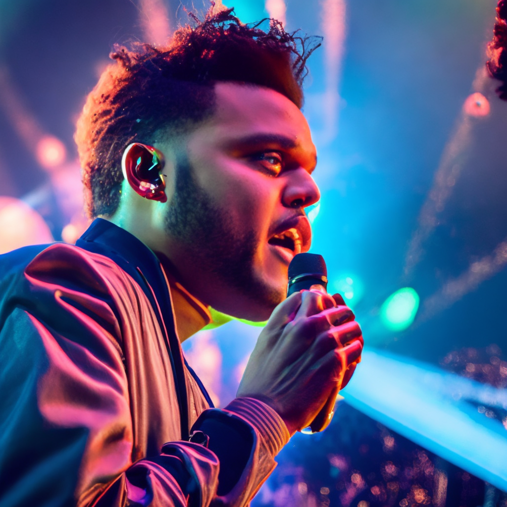 Close up image of The weeknd on stage singing to his audience, full moon over a fantasy jungle