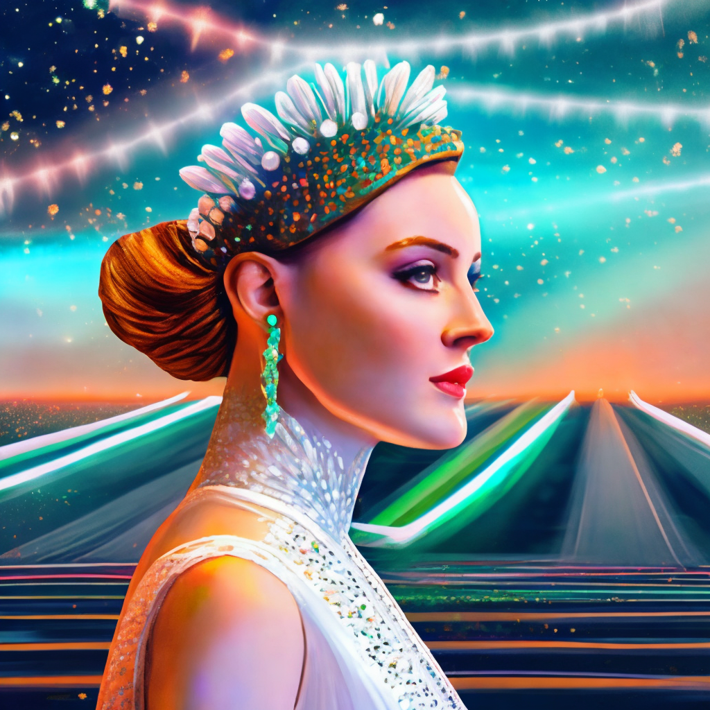 bride wearing a white glitter dress and rhinestone bridal hair pieces walking the digital runway, retrowave, synthwave, 8k, Land art, acting headshot, celestial. verdant, semi realistic gouache painting, cyberpunk art