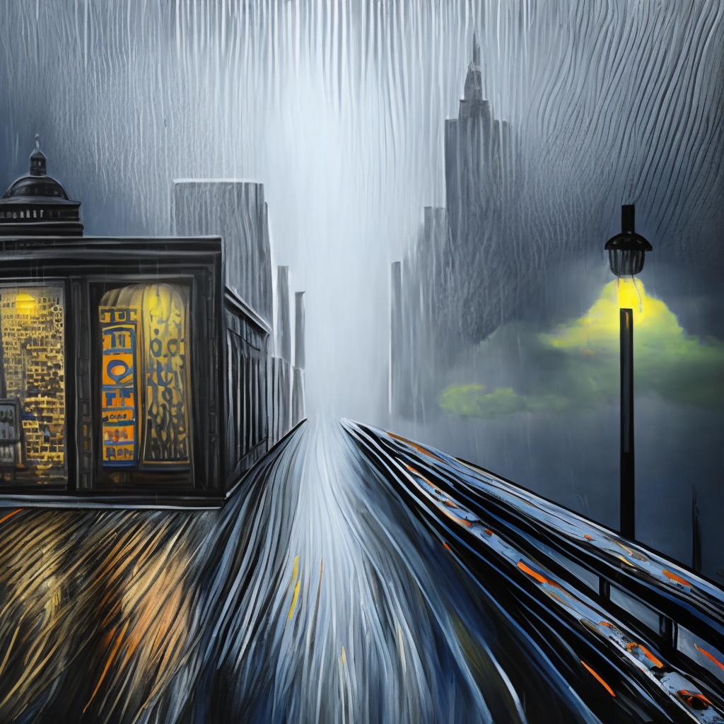 A painting of a city in the rain with a dark shelf in the sky, textured with rain drops. Add a dark shelf in the sky, textured with rain drops.”, Negative prompt 1: “blurry, ugly, deformed, jpeg, low resolution