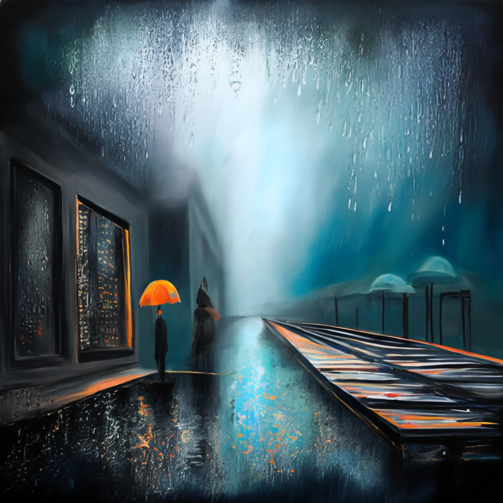 A painting of a city in the rain with a dark shelf in the sky, textured with rain drops. Add a dark shelf in the sky, textured with rain drops.”, Negative prompt 1: “blurry, ugly, deformed, jpeg, low resolution