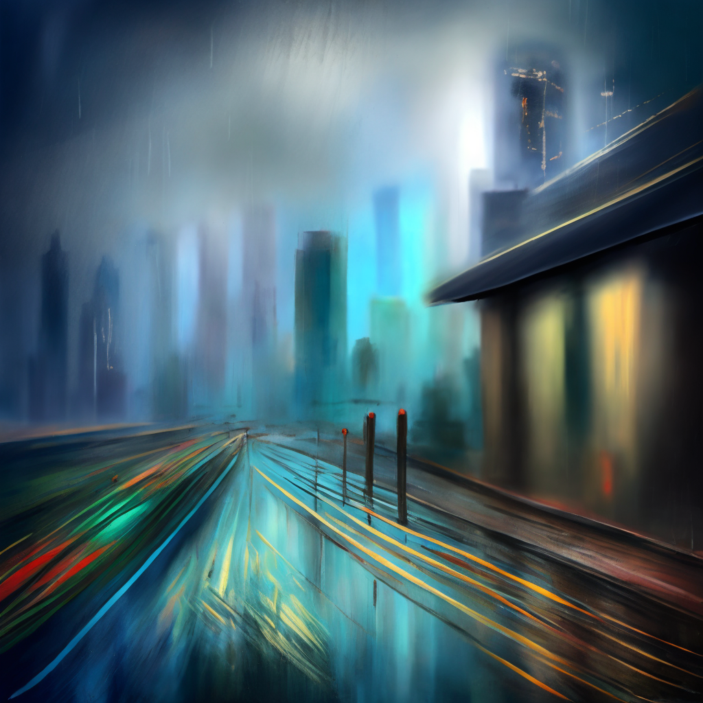 A painting of a city in the rain with a dark shelf in the sky, textured with rain drops. Add a dark shelf in the sky, textured with rain drops.”, Negative prompt 1: “blurry, ugly, deformed, jpeg, low resolution