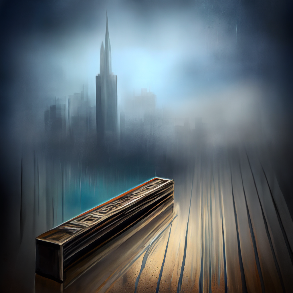 A painting of a city in the rain with a dark shelf in the sky, textured with rain drops. Add a dark shelf in the sky, textured with rain drops.”, Negative prompt 1: “blurry, ugly, deformed, jpeg, low resolution