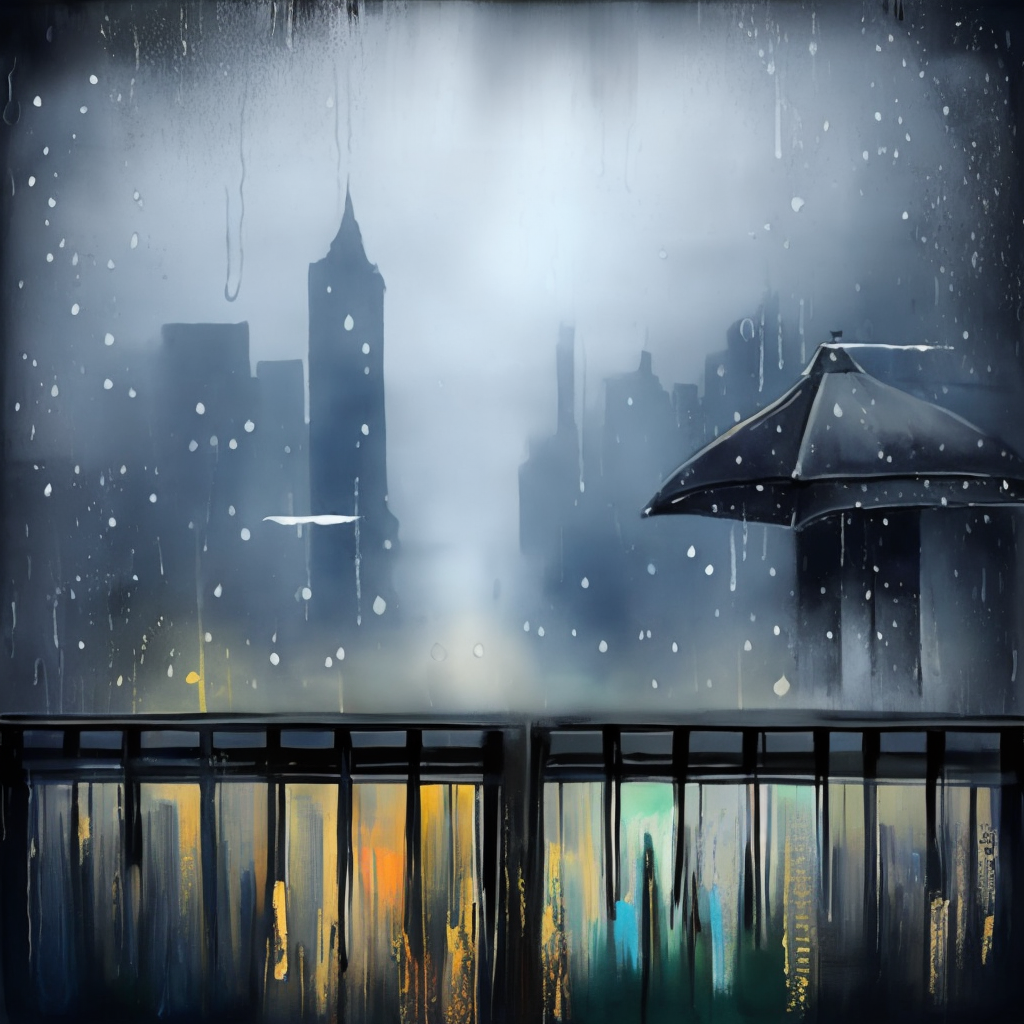 A painting of a city in the rain with a dark shelf in the sky, textured with rain drops. Add a dark shelf in the sky, textured with rain drops.”, Negative prompt 1: “blurry, ugly, deformed, jpeg, low resolution