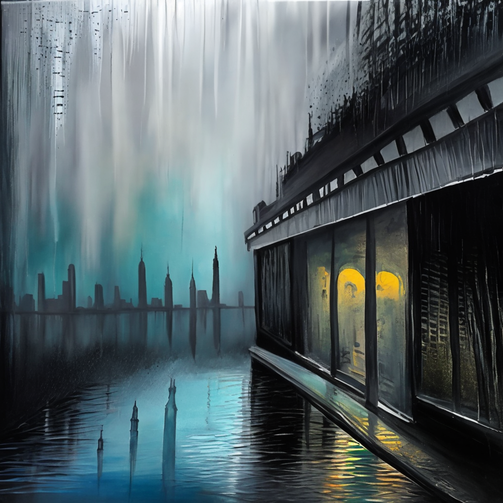 A painting of a city in the rain with a dark shelf in the sky, textured with rain drops. Add a dark shelf in the sky, textured with rain drops.”,