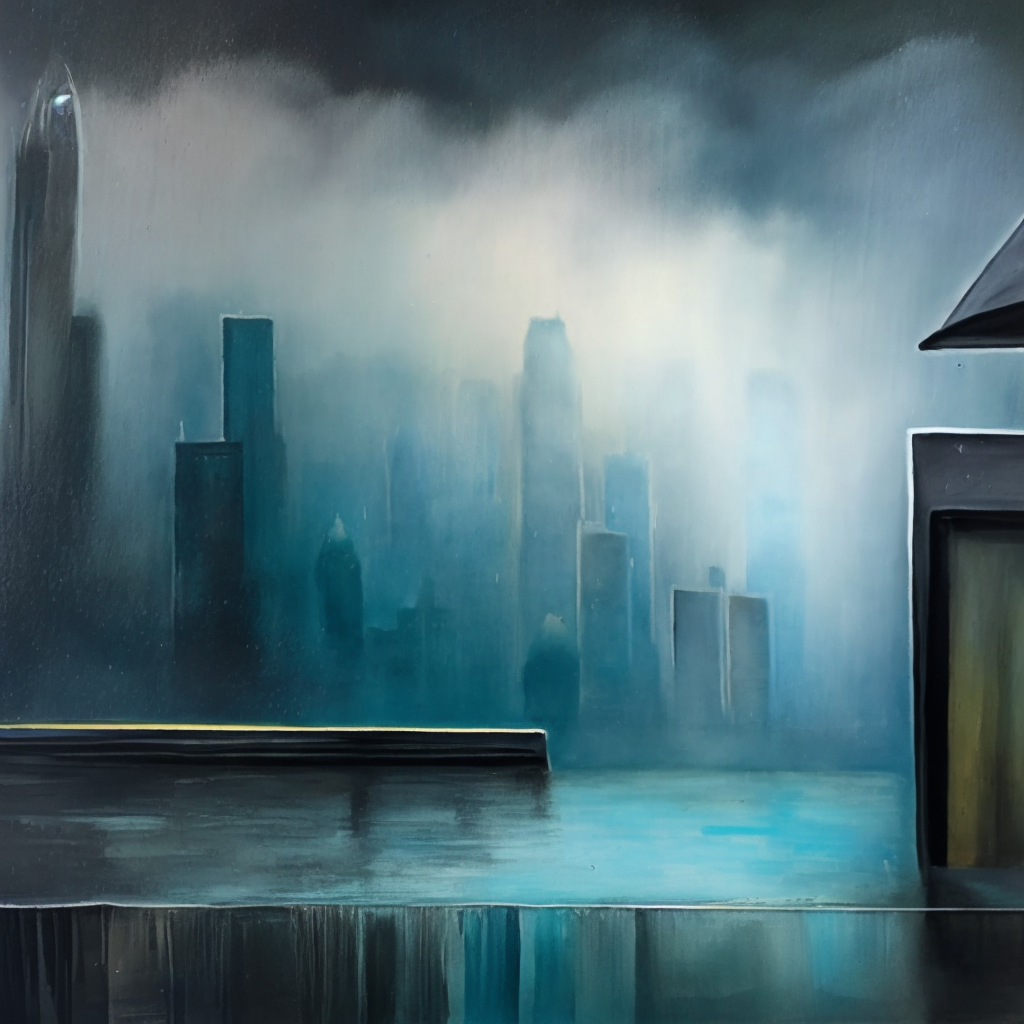 A painting of a city in the rain with a dark shelf in the sky, textured with rain drops. Add a dark shelf in the sky, textured with rain drops.