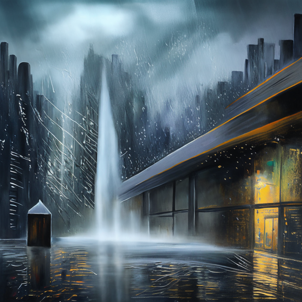 A painting of a city in the rain with a dark shelf in the sky, textured with rain drops. Add a dark shelf in the sky, textured with rain drops.
