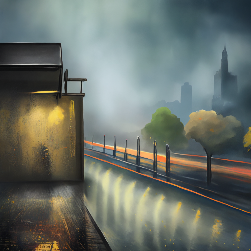 A painting of a city in the rain with a dark shelf in the sky, textured with rain drops. Add a dark shelf in the sky, textured with rain drops.