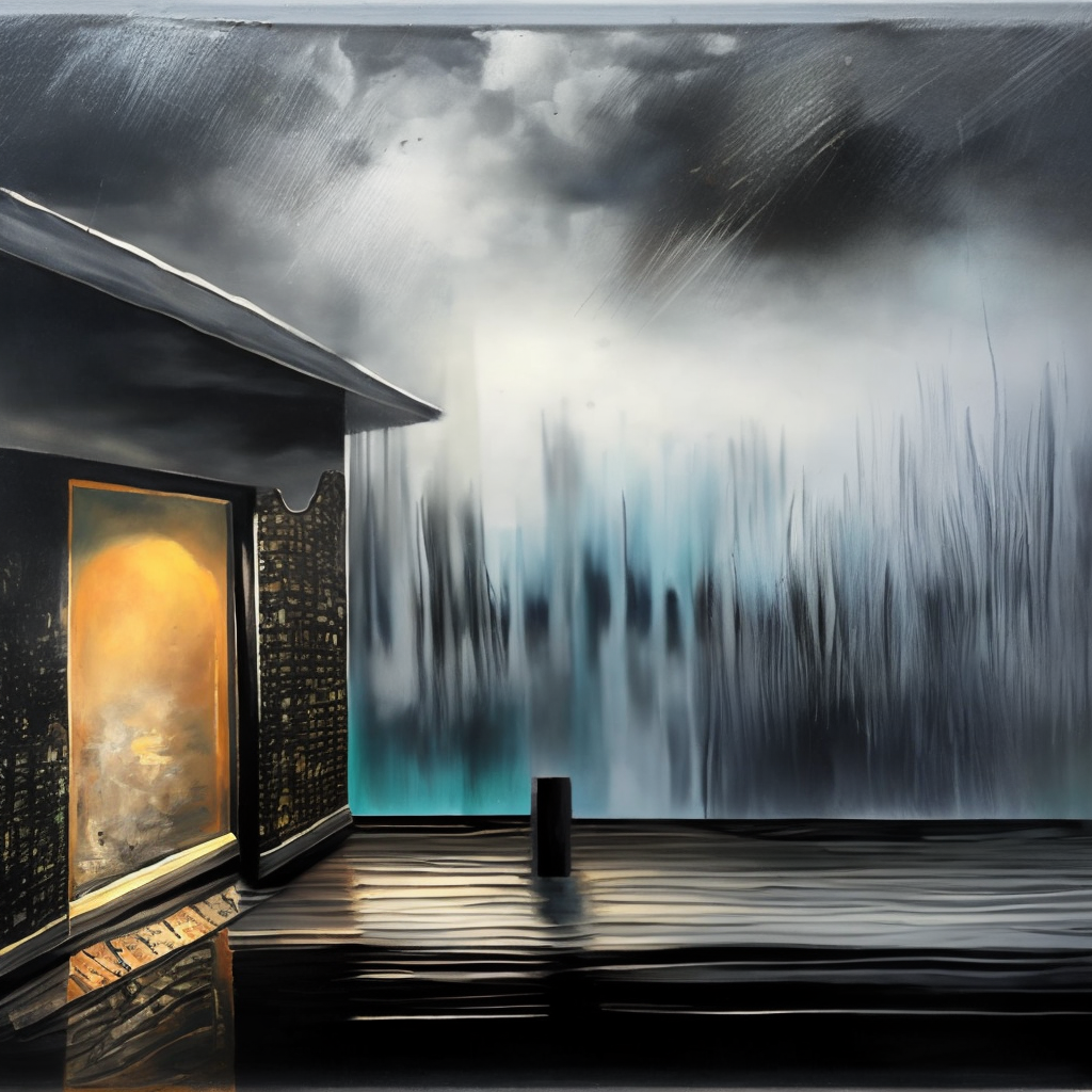 A painting of a city in the rain with a dark shelf in the sky, textured with rain drops. Add a dark shelf in the sky, textured with rain drops.